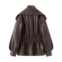 New Fall Winter High Street Warm Brown Zipper Pu Leather Jacket Women Casual Lapel Elastic Waist Cinching Coat Outwear Clothes