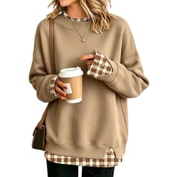Crew Neck Sweatshirts Women Cute Long Sleeve Oversized Sweatshirt Plaid Pullove In Layered Tunic Drop Medium Weight Hoodie