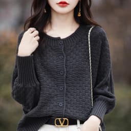 Women's 100% Cotton Sweater Round Collar Bat Sleeve Cardigan Autumn Winter Checkerboard Grid Warm Jacket Casual Knit Basic Tops