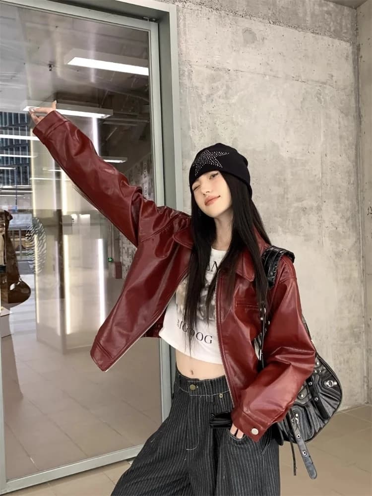 American Retro Red Flip Collar Leather Jacket Women's High-End Short Style Autumn New Sweet Cool Loose Fit Top PU Leather