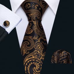 Barry.Wang Dark Gold Men Tie Silk Stripe Pocket Square Cufflinks Sets Formal Woven Neckties Business Party Designer Gifts 5702