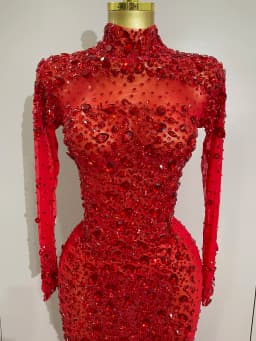 New Sexy Sparkling Red Crystals Feathers Long Sleeve Mermaid Maxi Dress Women Wedding Celebrate Luxury Birthday Party Prom Gown