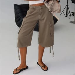 Women Y2K Cargo Bermuda Shorts Low Waist Drawstring Hem Loose Fit Multi Pocket Aesthetic Camouflage Denim Shorts Streetwear