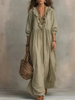 2026 New Spring Summer Long Dress Elegant Striped Ruffled Loose High-Waisted V-Neck Fashion Casual Dress Large Size Beach Robe