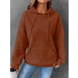 Women's Thick Waffle Knit Crew Neck Sweatshirt with Pocket – Solid Color Hip Length Winter Hoodie for Women's Winter Clothing