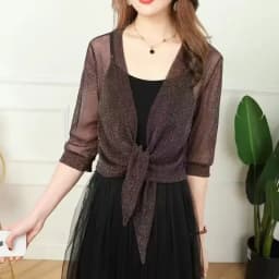 Women's Sheer Glitter Lace-up Cardigan Lightweight Jacket Half Sleeve Summer See-through Loose Blouse Women