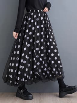 [EAM] High Elastic Waist Black Dot Printed Mesh Spliced A-line Half-body Skirt Women Fashion Tide New Spring Autumn 2026 1DJ0329