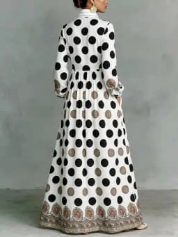 UOOZEE 2026 New Vintage Ethnic Printed Polka Dot Maxi Dresses For Women Long Sleeves Stand Collar High Waisted Party Shirt Dress