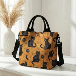 Witchy Black Cat Moon Star Print Pink Canvas Tote Bag Detachable Strap Crossbody Handbag For Women Daily Shopping