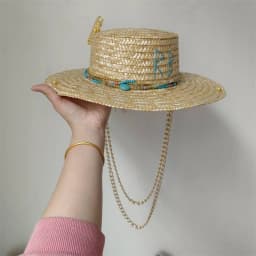 Metal letter beige straw hat handmade design hat pearl chain summer sun hat new letter hat beach women gorras para hombres