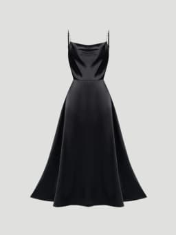 Women's Black Satin Maxi Dress Beaded Spaghetti Strap Square Neck High Waist A Line Elegant Spring Summer Party Evening Dress