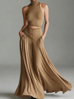 Women's Turtleneck Sleeveless Pullover Short Top with Maxi Skirts Two-Piece Set Casual Elegant Holiday Simple Outfit Streetwear