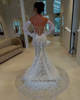 Off The Shoulder Long Sleeve 3D Floral Lace Mermaid Wedding Dress Frayed Edge Sweetheart See Through Bridal Gown With Sweep Trai