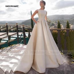 Customized Elegant Simple Boho Satin Lace Wedding Dress for Women O-Neck A-Line Party Bride Gown with Pockets Vestidos De Novia