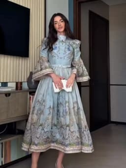 Elegant Floral Printed Women's Dress Stand Collar Full Puff Sleeve A-line Long Dresses 2026 Summer Vacation Party Lady Robes
