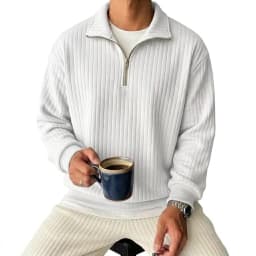 Men's Half Zip Striped Sweatshirt Casual Lapel Ribbed Polo Collar Pullover Tops Long Sleeve Knit Hooded for Man Lapel Coats