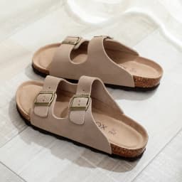 Birken Genuine Leather Women's Flat Slide Sandals - 2 Strap Design, Arch Support, Non-Slip, Cork Footbed, Slip-On Style