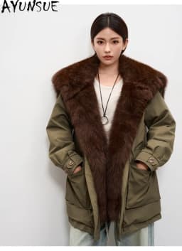 AYUNSUE 90% White Goose Down Coat Womens Winter Clothes Oversized Fox Fur Collar Mid Length Parka Female Loose Fit Clothing 2026
