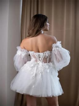 Customized Boat Neckline With 3D Flowers Long Puff Sleeves Tulle A-Line Mini Wedding Dress Elegant Lace-up Back Gown For Bride