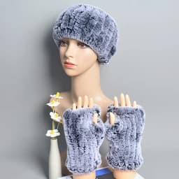 One Set Women Real Rex Rabbit Fur Cuff+Headband Winter Warmer Hat Arm Wrist Sleeve Gloves Female Real Fur Cap+Elastic Wristband