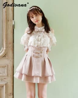 Japanese Mine Double Butterfly Braid Buckle Leather Ring High Waist Skirt Shorts Women Liz Sweet Pink Lace Pleated Short Skirt