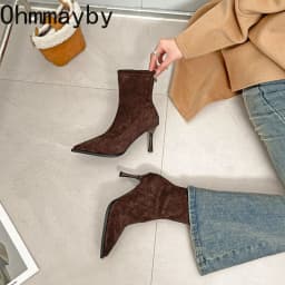 Pointed Toe Women's High Heel Ankle Boots Fashion Elegant Dancing Party Shoes Autumn Winter Women's Stretch Slim Short Booties