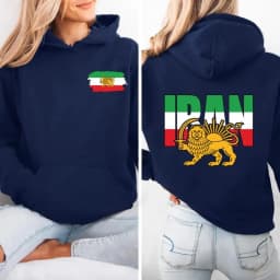 Lion and Sun Iran Sweatshirt Persian Flag Graphic Shirt Shir-o-Khorshid Emblem Iranian Heritage Shirt Patriotic Gifts Front Back