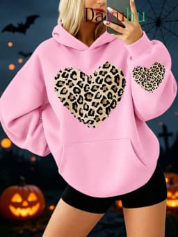 Trendy Oversized Pullover Hoodie Halloween Leopard Heart Print Autumn Winter Street Wear Daily Lounge Wear Fashion Sweatshirt