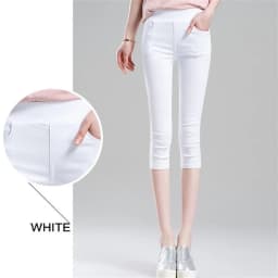 Women Stretchy Capris Pants Elastic Waist Comfy Skinny Cropped Jeans Pants Button Front Casual Breathable