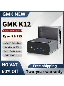 GMK K12 New Mini PC，AMD Ryzen R7 H255 8-Core, GTX 1650 & Radeon 780M, 64GB 1TB, USB4.0 Oculink, Dual 2.5G, WiFi 6E, 3 Drive Bays