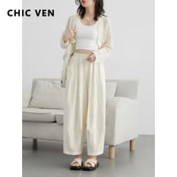 CHIC VEN Fashion Women White Pants Solid Casual Elastic Waist High Waisted Pleated Wide Leg Ladies Trousers Folded Summer 2026