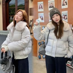 Korean Version Fashion Gray Long-sleeved Short Down Cotton Clothes Women's Winter New Removable Fur Collar Splicing Warm Jacket