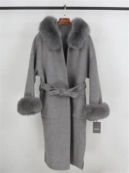 OFTBUY New Oversize Loose Cashmere Wool Blends Real Fur Coat Winter Jacket Women Natural Fox Fur Collar Hood Outerwear Belt