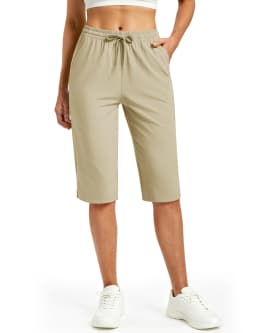 TACVASEN Womens Quick Dry Hiking Capris 4-Way Stretch Knee Length Pants Elastic Drawstring Waist Split Hem Cropped Trousers