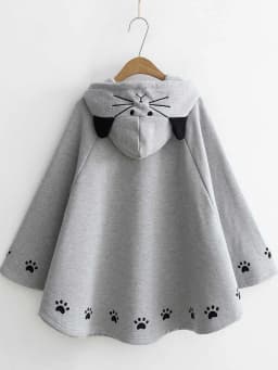 plus Size Print Hooded Cloak Autumn Winter New Style Japanese College Style Women's Loose Fit Sweatshirt Middle Length
