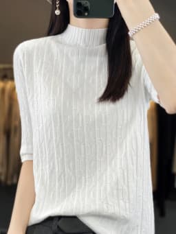 Women New Soft Diamond Letter Design Sweater Half-high Collar Three Quarter Sleeve Pullover Spring Summer Casual Knit Slim Top
