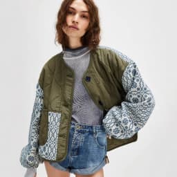 Cotton Printed Puff Sleeve Collarless Spliced Button Lightweight Cotton Jacket for Autumn/Winter 2025