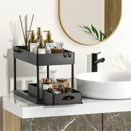 1Pc 2 Tier Under Sink Organizer Sliding Cabinet Basket Organizer Storage Rack with Hooks Hanging Cup Bathroom Kitchen Organizer