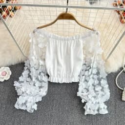 Flower Three-dimensional Decoration Slash Neck Long Sleeve Women's Blouse Shirt Korean Fashion Female Clothing Tops 2025 Summer