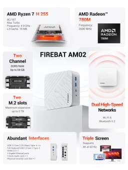 FIREBAT AM02 Mini PC AMD Ryzen 7 H255 DDR5 16GB RAM M.2 PCIe 512GB SSD Barebone PC WiFi6 BT5.2 1000M LAN Windows11 Desktop Computer