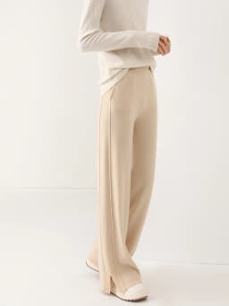 Women Wool Wide Leg Pants Threaded Elastic Waist Cashmere Trousers Autumn Winter 100% Merino Wool Knitted Soft Slit Design Pants