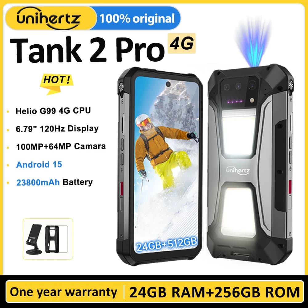 Unihertz Tank 2 Pro 8849 Rugged Phone with Projector, 100Mp Camera, 24Gb 512Gb, Android 14, 100Mp, Nfc, Helio G99, 23800Mah, 4g