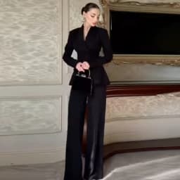 Chic 3d Bead Black Suit Pant Set Long Sleeved V-neck Waist Lace Up Suit Jacket Cozy Versatile Pant 2026 Commuting Woman Clothing