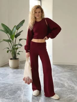 Wolfeel Women's Knitted Three Piece Ribbed Sleeveless Crop Top Long Sleeved and Long Pants Set Suitable for Casual Daily Wear