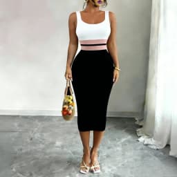 Women's White Black Patchwork Block Square Neck Sleeveless Stretchy Knit Bodycon Midi Dress Elegant Summer Daily Party Dress