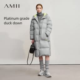 AMII Hooded Down Jacket 2026 Winter New Warm Zipper Long Sleeve 85% White Duck Down Coat Woman Loose Straight Long Coat 12524017