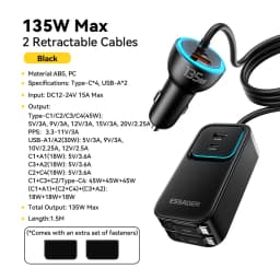 Essager 135W Dual Retractable Cable Car Charger Type-C PD QC Fast Charging Rear Socket for iPhone 17 Samsung Huawei Laptop