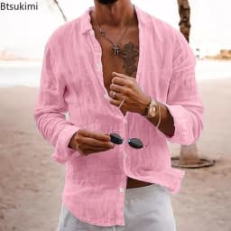 2026 Men's Cotton Linen Shirts Top Simple Laple Solid Man Shirts Tops Comfortable Loose Casual Holiday Shirts for Men Blouses