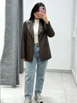 2026 Autumn Faux Leather Blazer Jacket Lapel Collar Single Breasted Big Patch Pockets Loose Vintage Minimalist Outerwear Coat