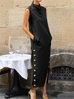 Yeezzi Women Fashion Split-Side Buttoned Stand Collar Evening Dresses 2026 New Sleeveless Solid Color H-Line Casual Shirts Dress